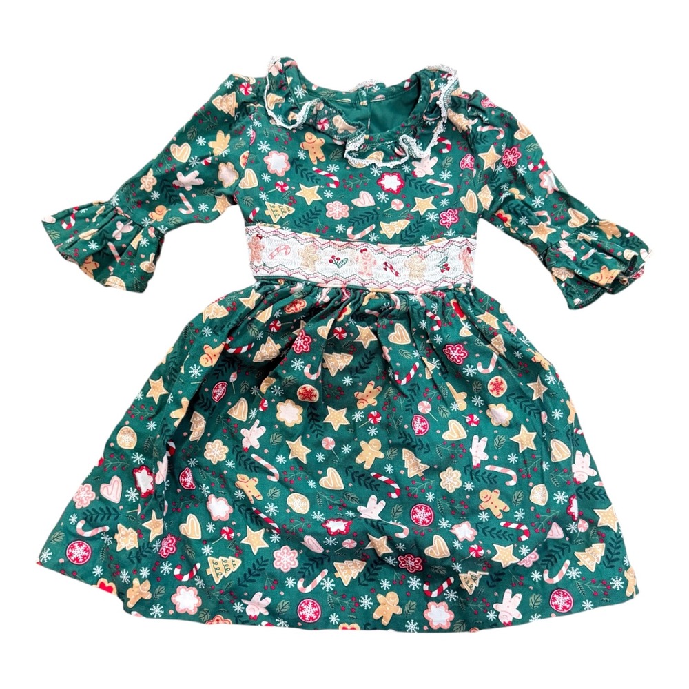 Bonnie Jean Christmas Dress 3T Toddler Girls Green Cotton Gingerbread Smocked